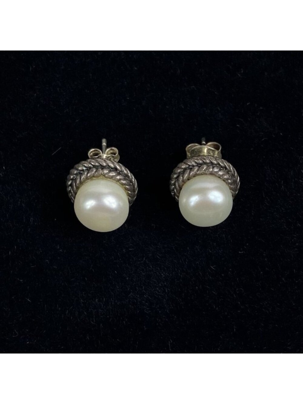 Vtg CFJ Sterling Silver 12mm Cable Pearl Stud Post Earrings Rope Designer Luxury